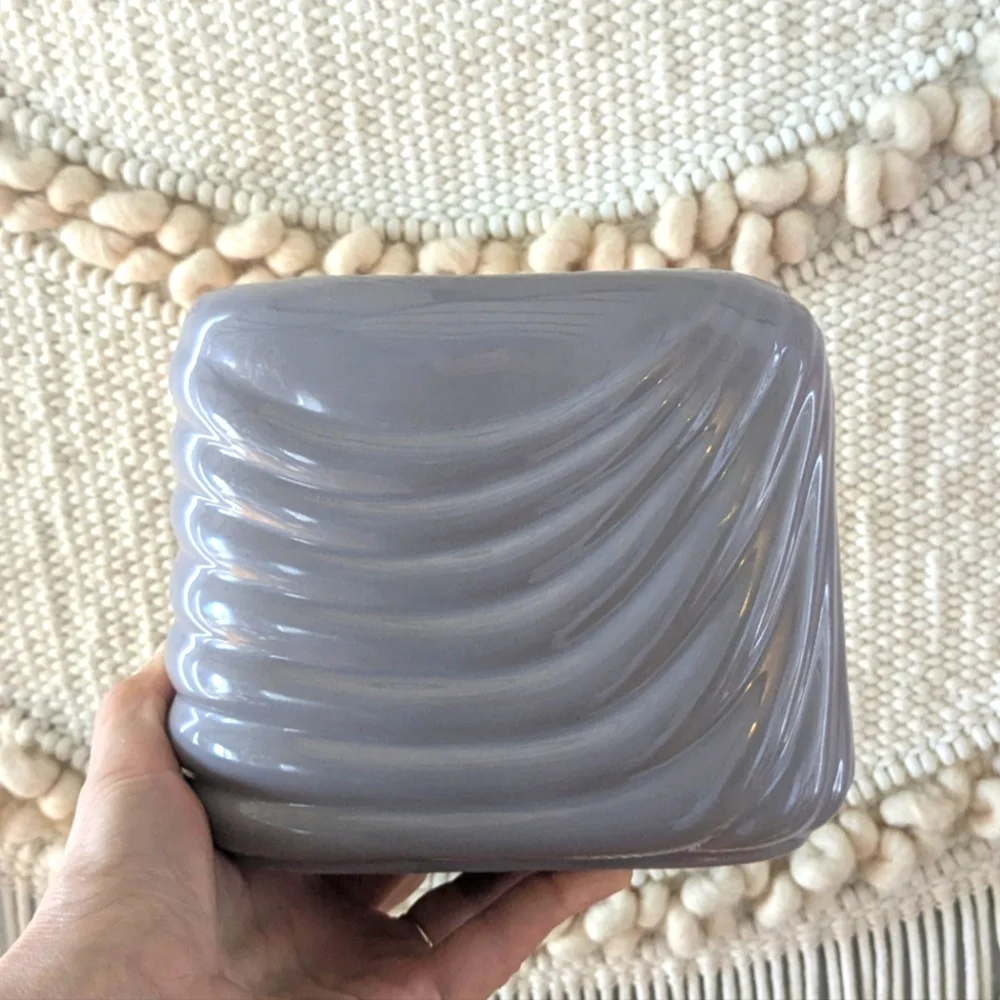 1980s Contemporary Gray Square Ceramic Vase / Accent Piece Raised Stripe Design